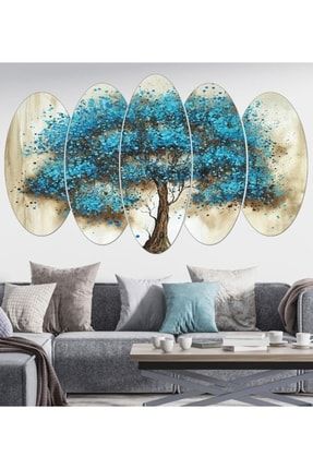 Mavi Ağaç Parça Ahşap Duvar Tablo Seti 5E-002365