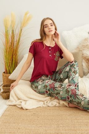Kadın Bordo Çiçek Nakışlı Düğmeli Pijama Takımı. MK179-1
