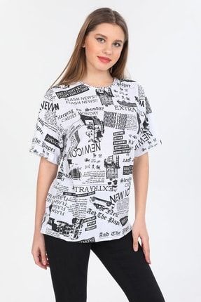 Gazete Küpürü Desenli Oversize T-shirt bkm-500