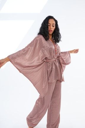 Sophia Pembe Desenli Biyeli Oversize Pijama Takımı GK1163