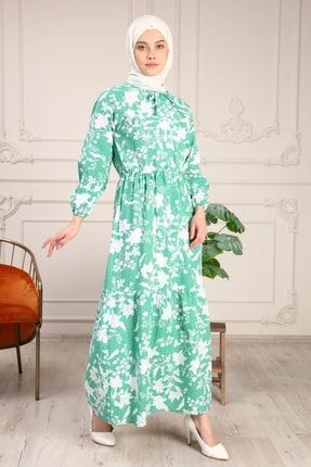 Kadın Belden Büzgülü Çiçek Desenli Kolu Lastikli Düğmeli Tesettür Elbise 5360