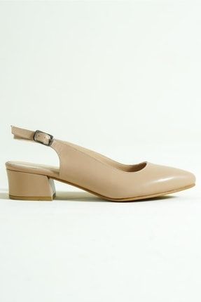 Bej Hakiki Deri Kadın Topuklu Ayakkabı Arkası Açık Klasik Topuklu Ayakkabı 185789693