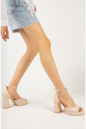 Bej Rengi Suni Deri Platform Topuklu Kadın Ayakkabısı LBS-0000000441