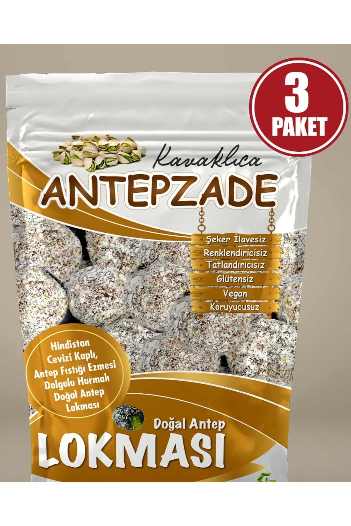 KAVAKLICA ANTEPZADE Hindistan Cevizi Kaplı Fıstık Ezmesi Dolğulu Hurmalı Antep Lokması 3 X100 G