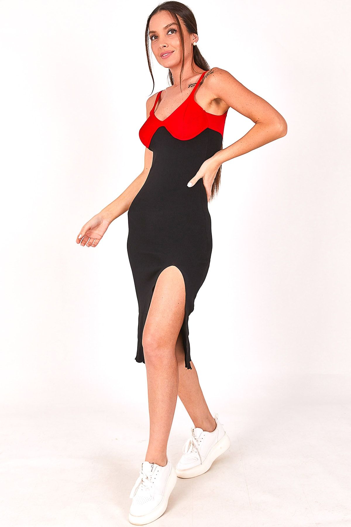 armonika Women s Black Chest Detailed Slit Two Color Strap Dress