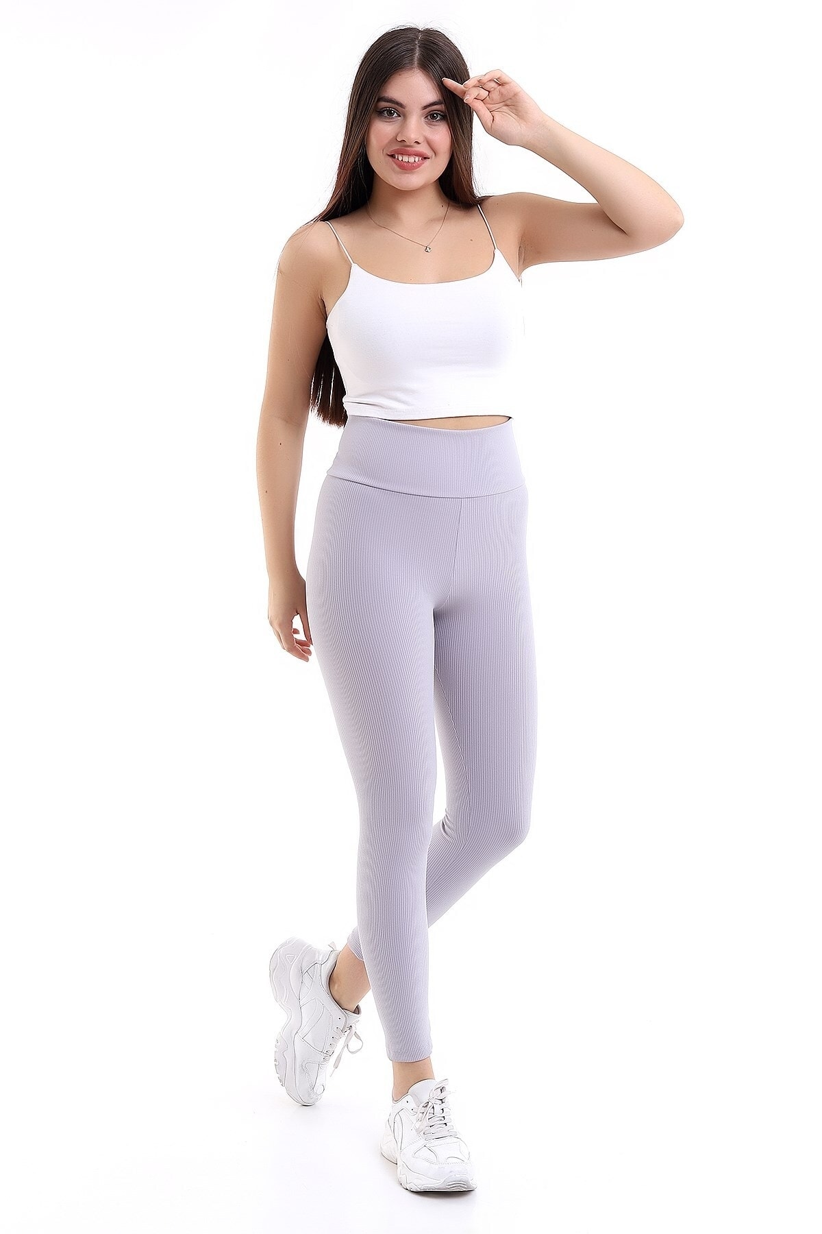 Deafox Gri Yüksek Bel Fitilli Spor Toparlayıcı Tayt görsel 4