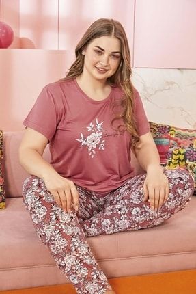 Kadın Izem Büyük Beden Kısa Kol Koyu Mercan Pijama Takımı AD19060