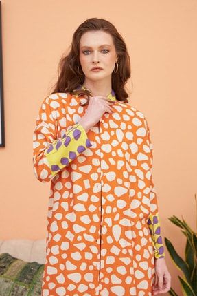 Turuncu Renk Desenli Keten Uzun Kimono 38785