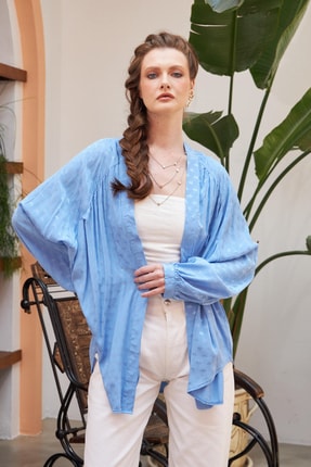 Desenli Jakarlı Mavi Renk Kimono Ceket 39757