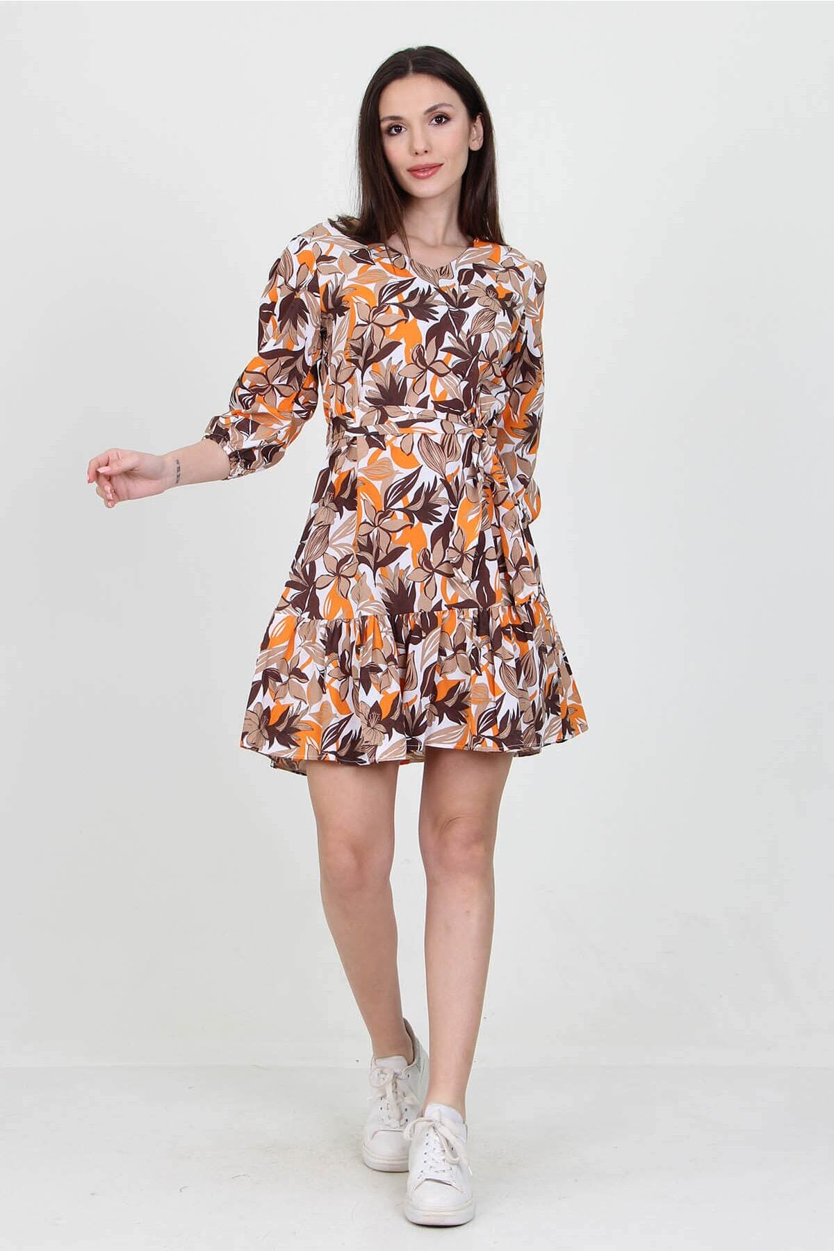 Women's Camel V-Neck Tie Detailed Floral Mini Dress Nb10029