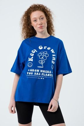 Eazy Saks Mavi Keep Growing Unisex Extra Oversize Baskılı Kısa Kollu T-shirt Eazy 5051