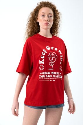 Eazy Kırmızı Keep Growing Unisex Extra Oversize Baskılı Kısa Kollu T-shirt Eazy 5051