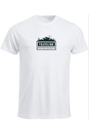 Erkek Travelıng Baskılı Beyaz T-shirt Basic FN134