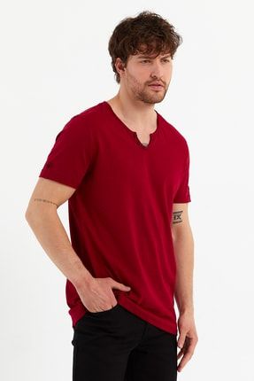 Erkek Bordo Düğme Detaylı T-shirt VRDN2135