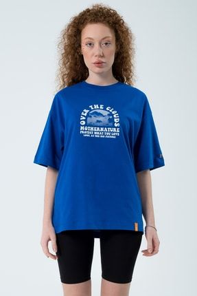 Eazy Saks Mavi Cloud Unisex Extra Oversize Baskılı Kısa Kollu T-shirt Eazy 5052