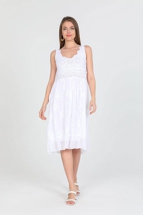 Kadın Italyan Beyaz Çiçek Desenli Askılı Ipek Elbise ITALYAN1118