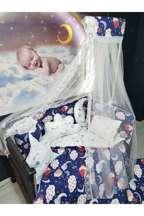 70x110 Bebek Uyku Seti Cibinlikli Bulut Desen Park Beşiklere Uyumlu 12 Parça TAN10012