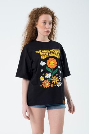 Eazy Siyah Happy Flowers Unisex Extra Oversize Baskılı Kısa Kollu T-shirt Eazy 5057