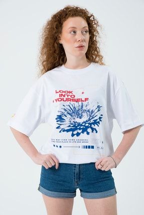 Eazy Beyaz Look Into Unisex Extra Oversize Baskılı Kısa Kollu T-shirt Eazy 5058