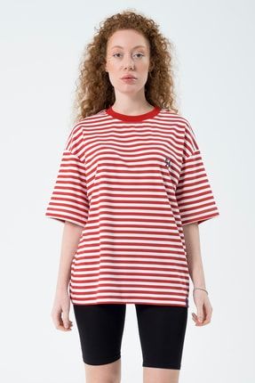 Eazy Kırmızı Beyaz Çizgili Extra Oversize Baskılı Kısa Kollu T-shirt Eazy 5045