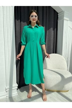 Yeşil Beli Pilili Elbise 2929