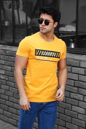 Erkek Sarı Baskılı Fırçalı Pamuklu Slim Fit T-shirt Ac-y38262lns AC-Y38262LNS