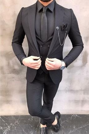 Slim Fit Siyah Yelekli Takım Elbise FLTK01