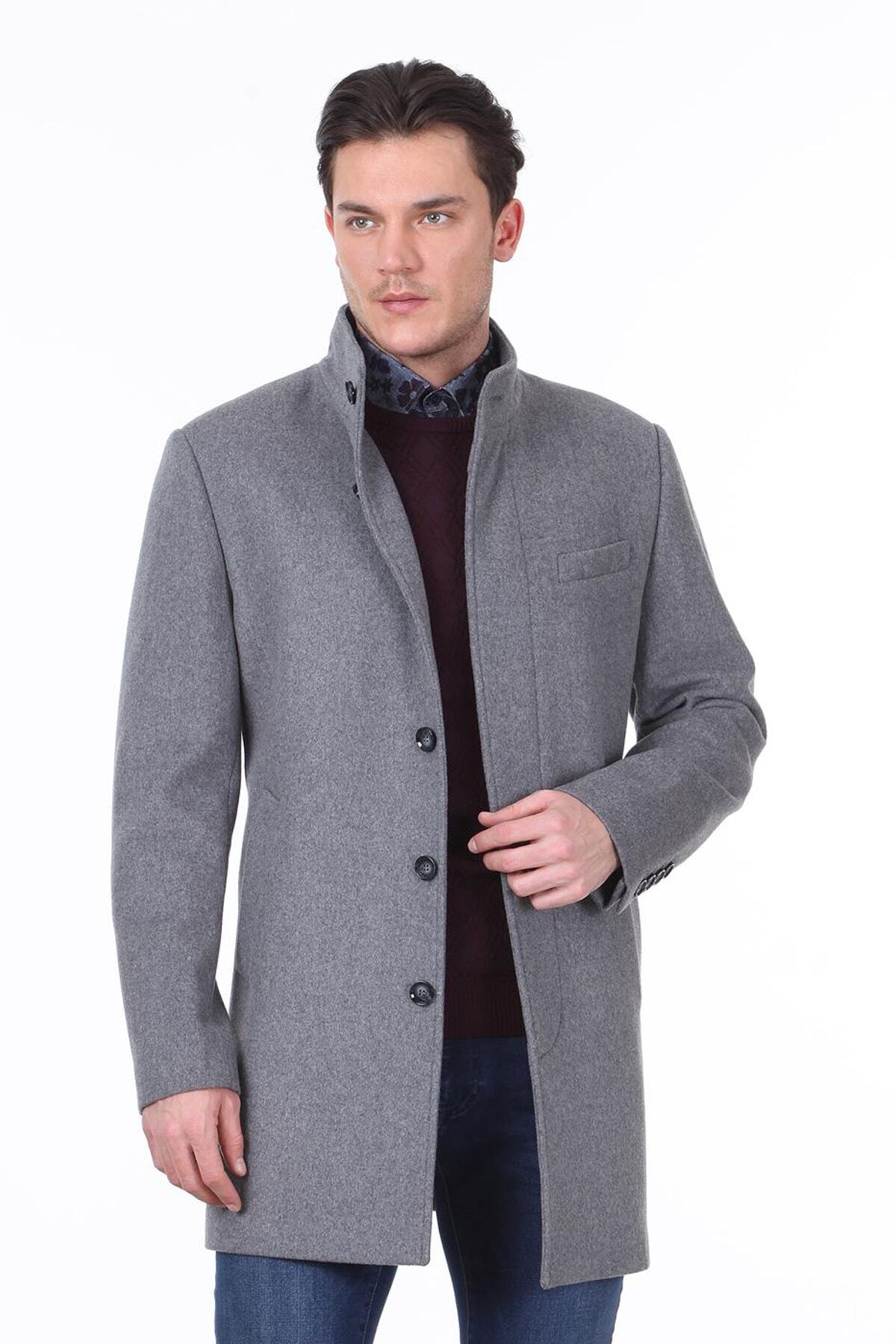 Kip  Gri Regular Fit Casual Dokuma Palto