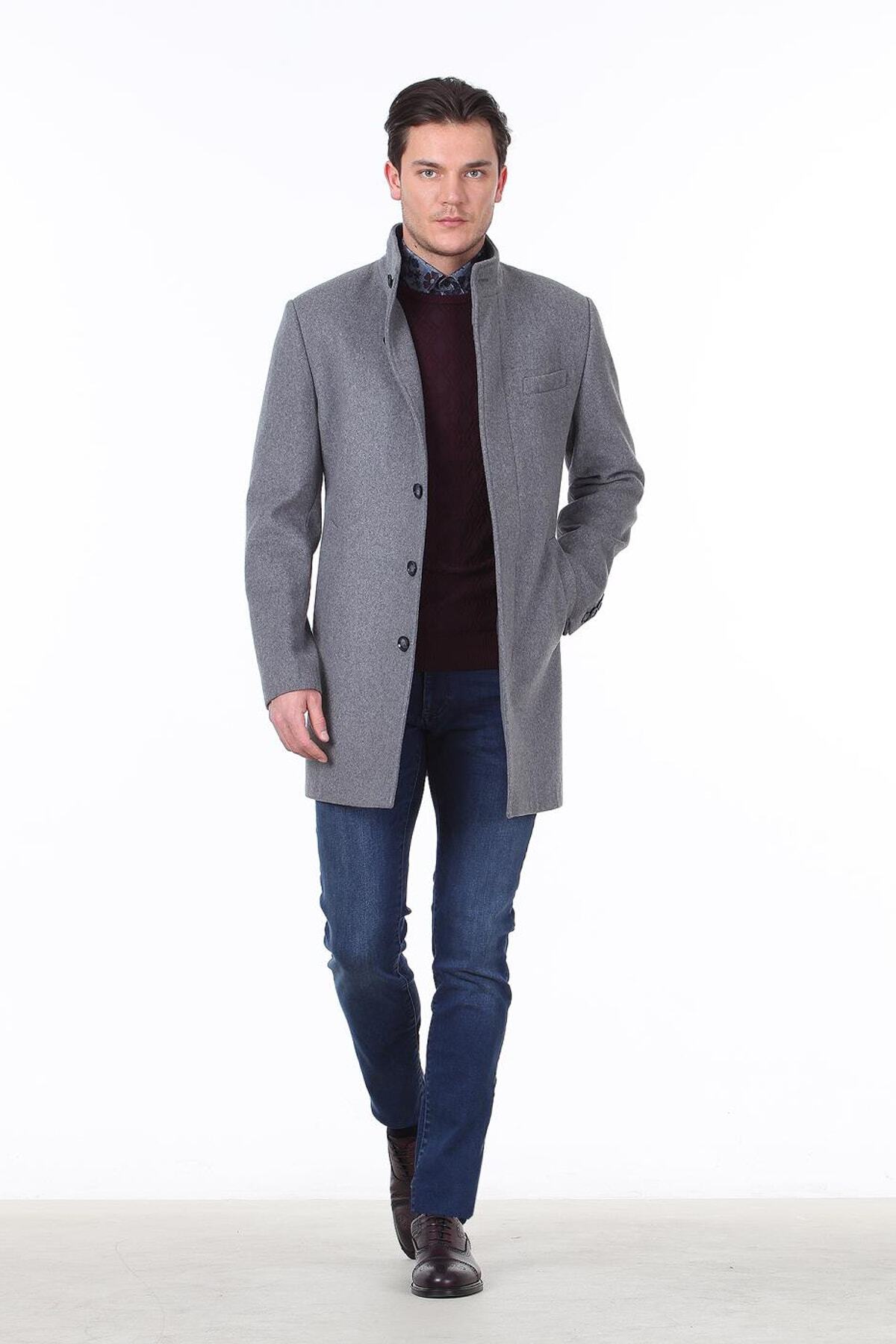 Kip  Gri Regular Fit Casual Dokuma Palto - Görsel 3