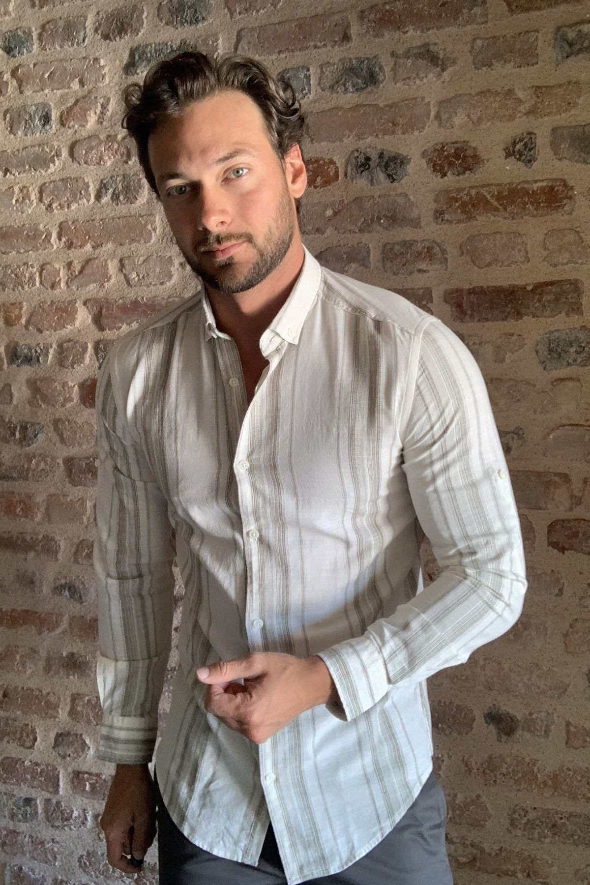 Trendyol Man Haki Erkek Cizgili Slim Fit Gomlek Tmnss20go0110 Trendyol
