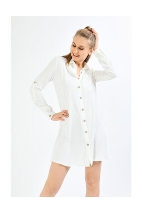 Tahta Düğmeli Beyaz Tunik Elbise 30W9K105011