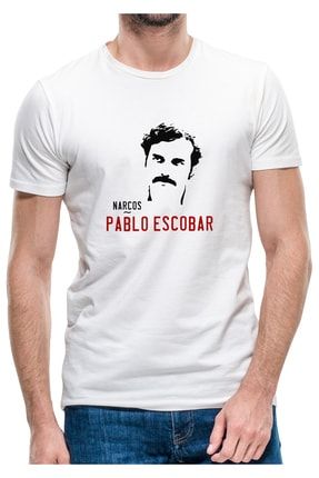 Narcos Pablo Escobar Baskılı Beyaz Erkek Örme Tshirt BGA0778ERKTS