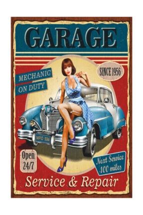Pin Up Kızı Otomobil Garajı Retro Vintage Ahşap Poster 20340004