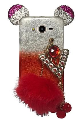 Samsung Galaxy J7 Kılıf Taşlı Ponpon Silikon Kapak Kırmızı J7PO