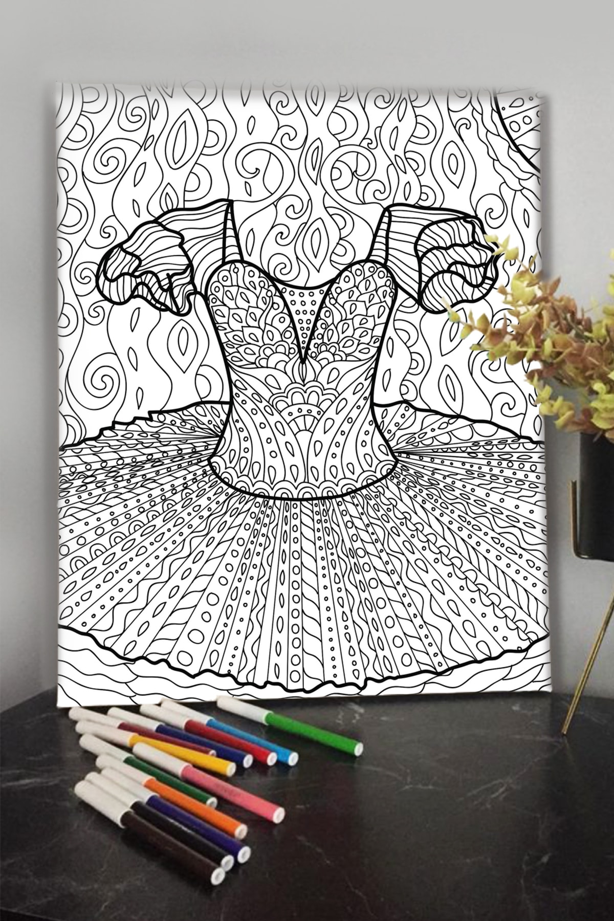Boyanabilir Tuval Elbise Desenli Keçeli Kalem Hediyeli 40x30cm