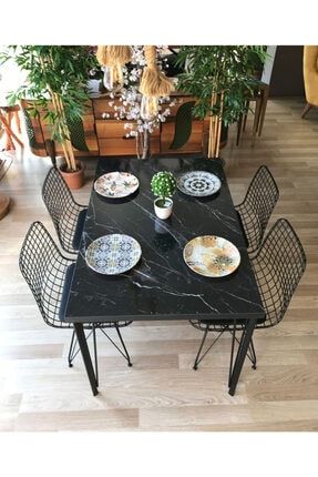 Mutfak Masası + 4 Sandalye Siyah Mermer 120-80 734480804086