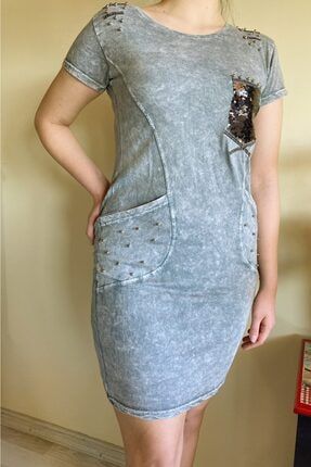 Kadın Cebi Pullu Pamuklu Gri Elbise M-01-E