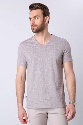 Erkek Vizon Slim Fit V Yaka T-Shirt G021SZ011.000.743135