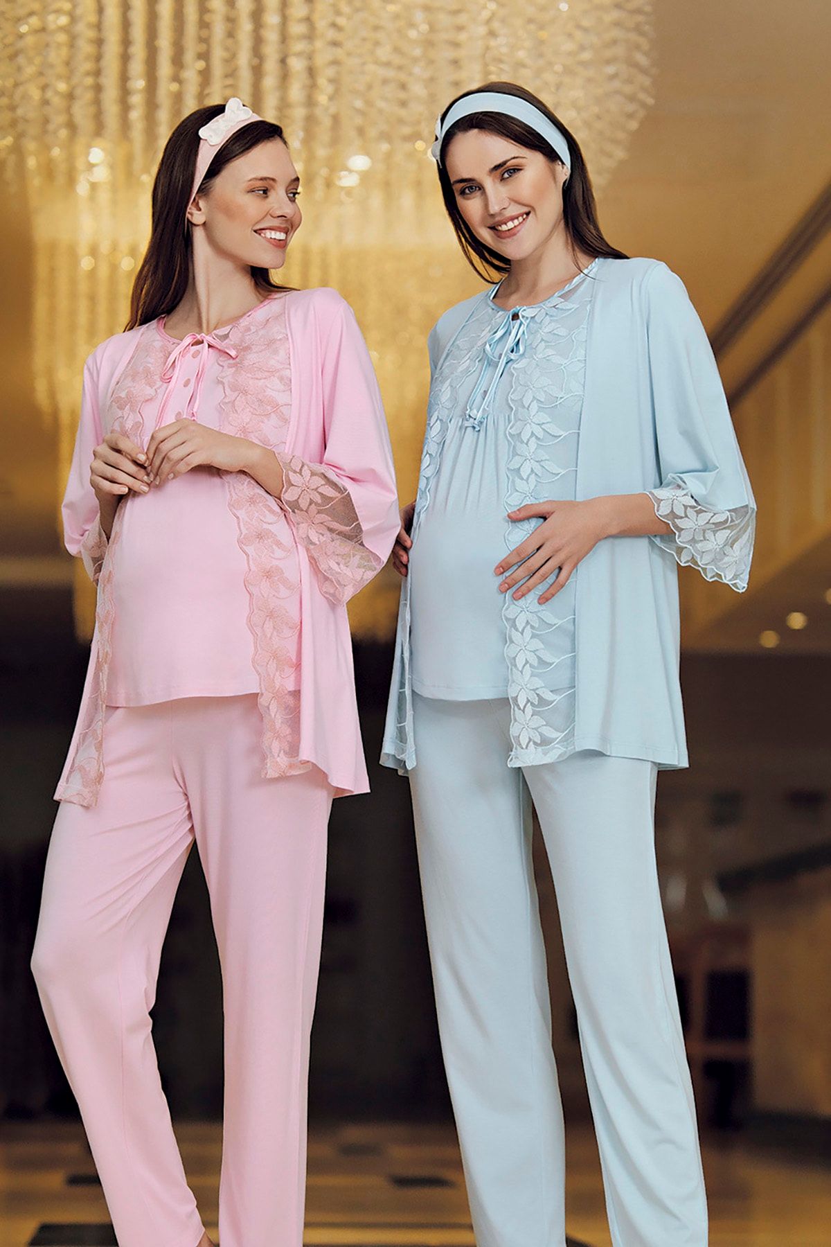 Siyah Inci Pembe 3 Lu Sabahlikli Dantelli Dugmeli Modal Hamile Pijama Takim Bandana Hediyeli Trendyol