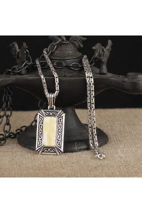 Kehribar Taşlı Kral Zincir Model Gümüş Kolye TSP00001158