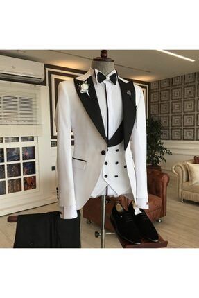 Erkek Italyan Kesim Ceket Yelek Pantolon Beyaz Damatlık Set T3457