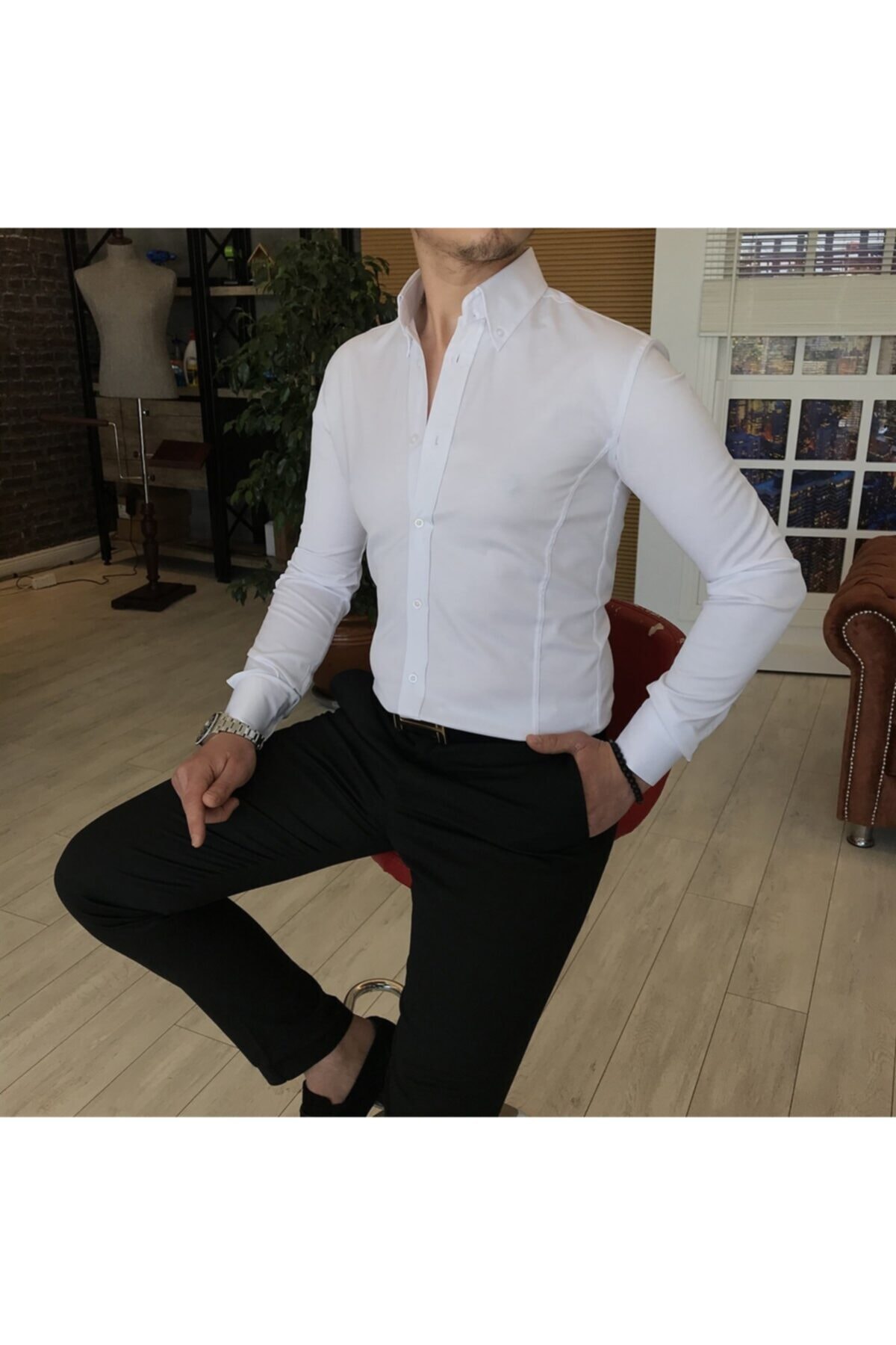 Erkek Beyaz Italyan Stil Slim Fit Dik Yaka Saten Gömlek T4754