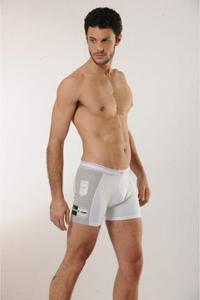 Erkek Beyaz Pamuklu Likralı Renk Detaylı Boxer & Rahat Doku 307-HMD
