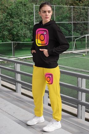 Angemiel Wear Rengarenk Instagram Logosu Kadin Esofman Takimi Yesil Kapsonlu Sweatshirt Yesil Esofman Alti Trendyol