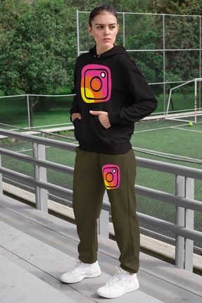 Angemiel Wear Rengarenk Instagram Logosu Kadin Esofman Takimi Yesil Kapsonlu Sweatshirt Yesil Esofman Alti Trendyol