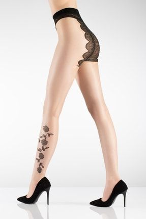 Kadın Siyah Gül Bikini Külotlu Çorap CITA0274