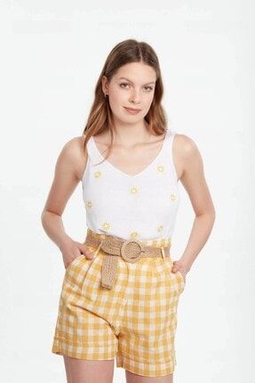 Kadın Askılı Triko Sarı Papatya Desenli Bluz BLZ100004