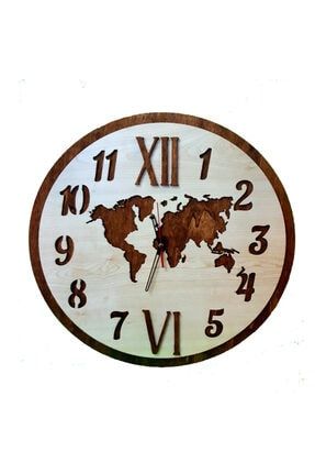 Dünya Haritası Dekoratif Lazer Kesim Desenli Ahşap Duvar Saati 50 cm GS201