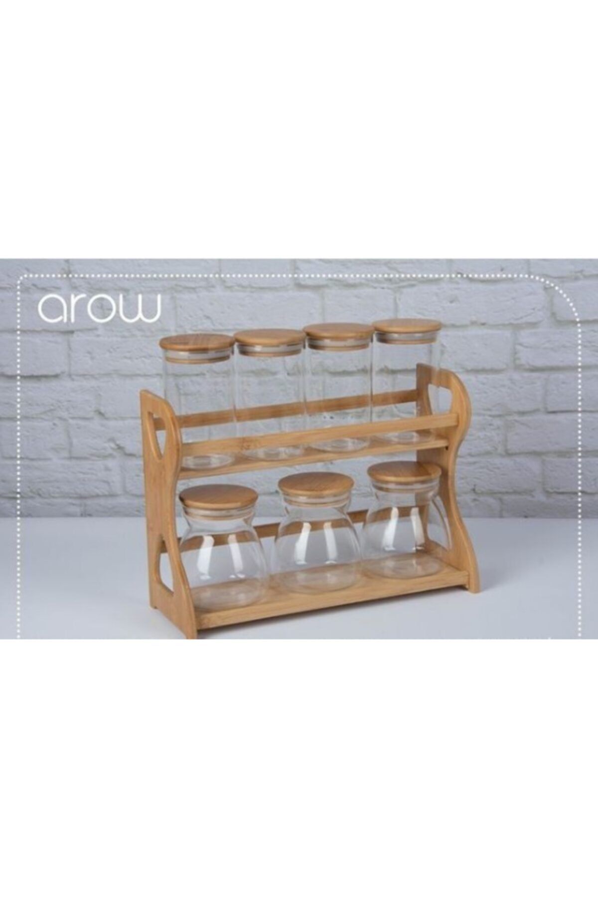 بانکه ادویه سفید مجموعه شیشه ای ایستاده بامبو 7 پوشش AROW