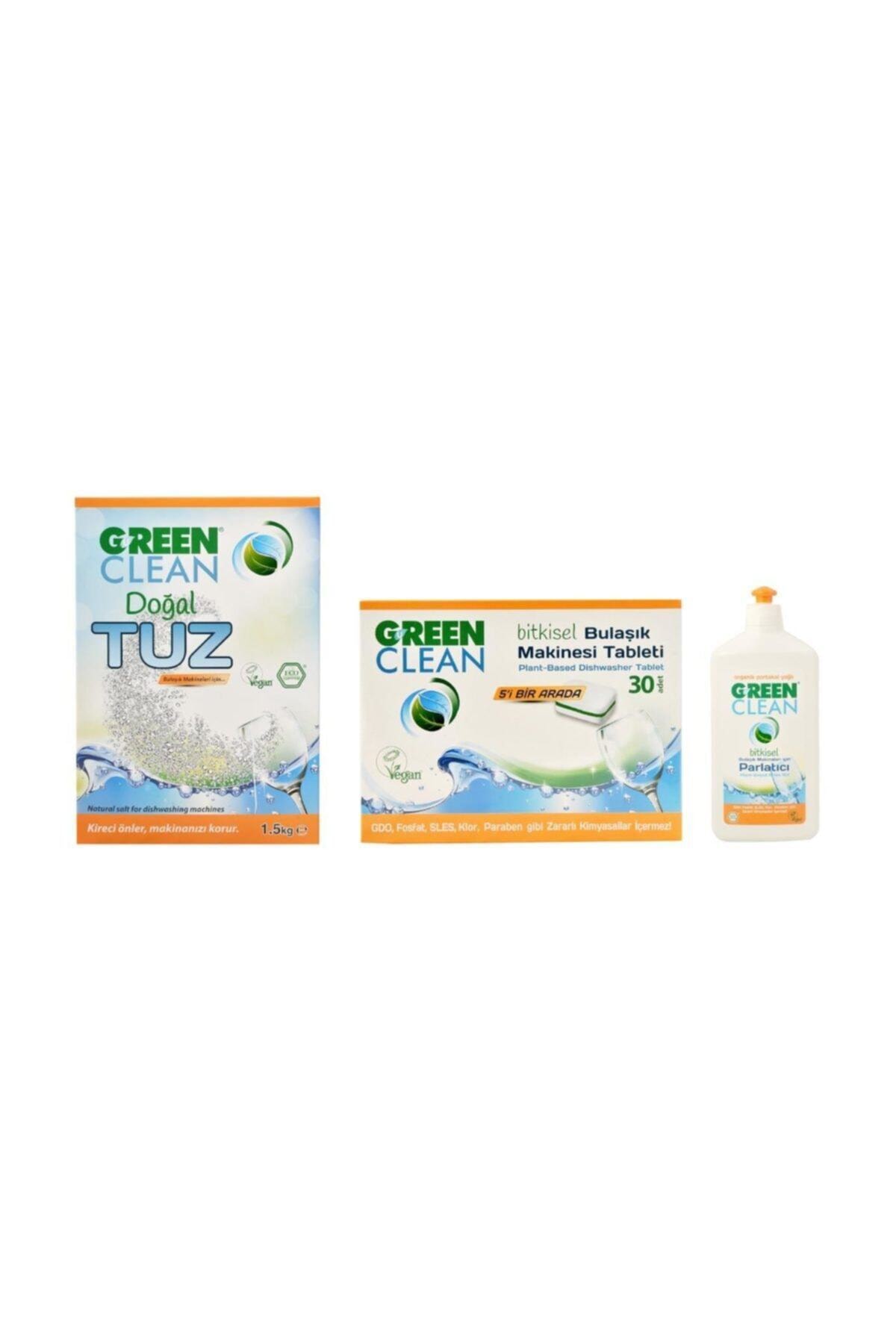 Green Clean Bulaşık Makinesi Tableti 30 adet +doğal Tuz 1.5 kg + Parlatıcı 500 ml 3lü Set